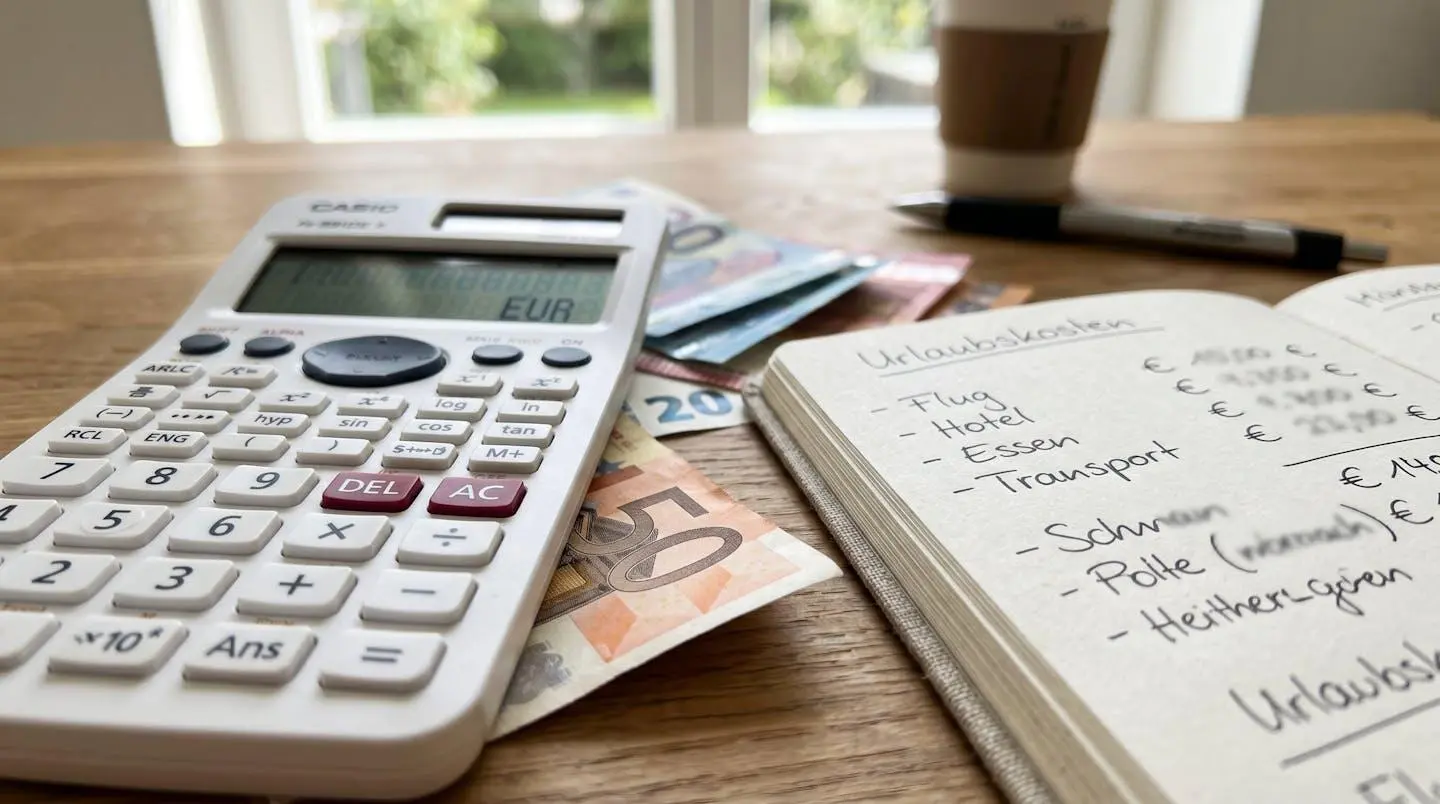Extreme Nahaufnahme eines Taschenrechners, Euro-Geldscheine und handgeschriebener Notizen auf modernem Schreibtisch, scharfer Fokus auf Vordergrund mit schönem Bokeh im Hintergrund