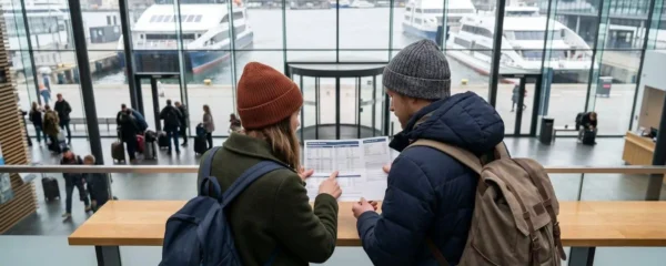 Zwei Reisende von hinten betrachtet, die gemeinsam Reisedokumente und eine Abfahrtstafel studieren, moderne Reiseplanung in hellem Ambiente