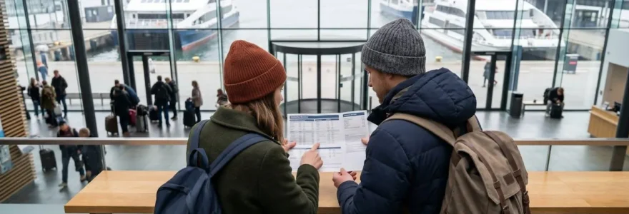 Zwei Reisende von hinten betrachtet, die gemeinsam Reisedokumente und eine Abfahrtstafel studieren, moderne Reiseplanung in hellem Ambiente