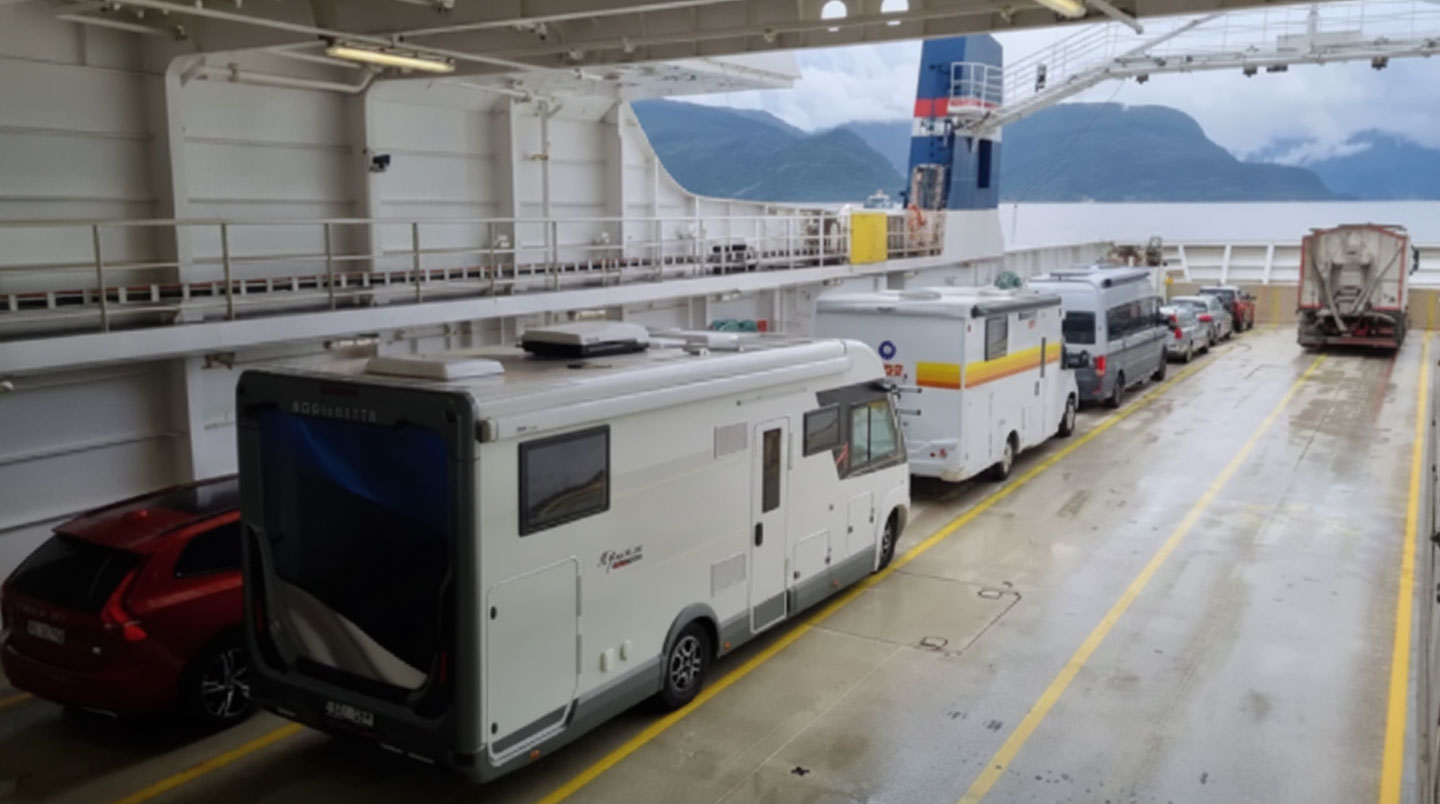 Wohnmobil fährt in einen sardischen Hafen bei Morgengrauen ein