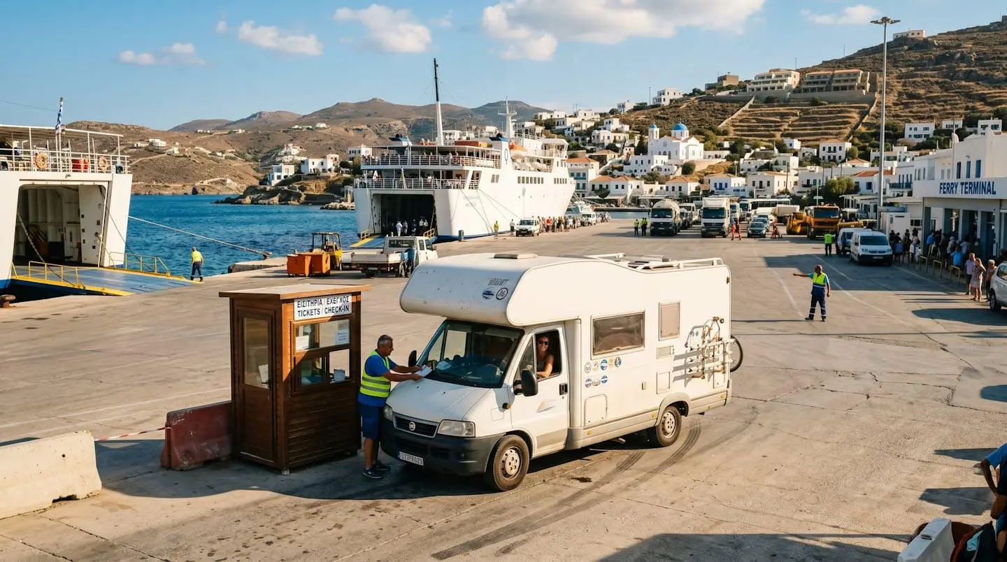 Wohnmobil an der Hafen-Abfertigung vor der Fährüberfahrt