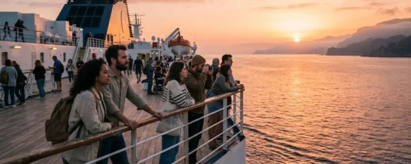 Reisende auf dem Deck einer Fähre bei Sonnenuntergang im Mittelmeer