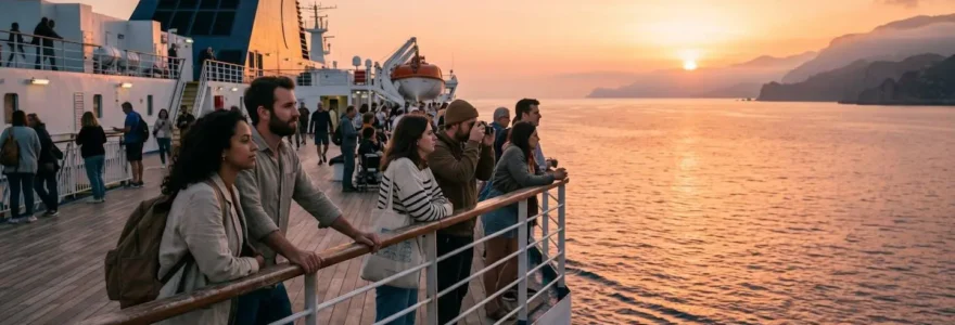 Reisende auf dem Deck einer Fähre bei Sonnenuntergang im Mittelmeer